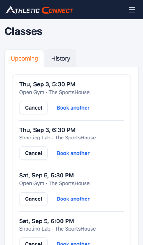 Booked classes on a phone, each with its time and venue.