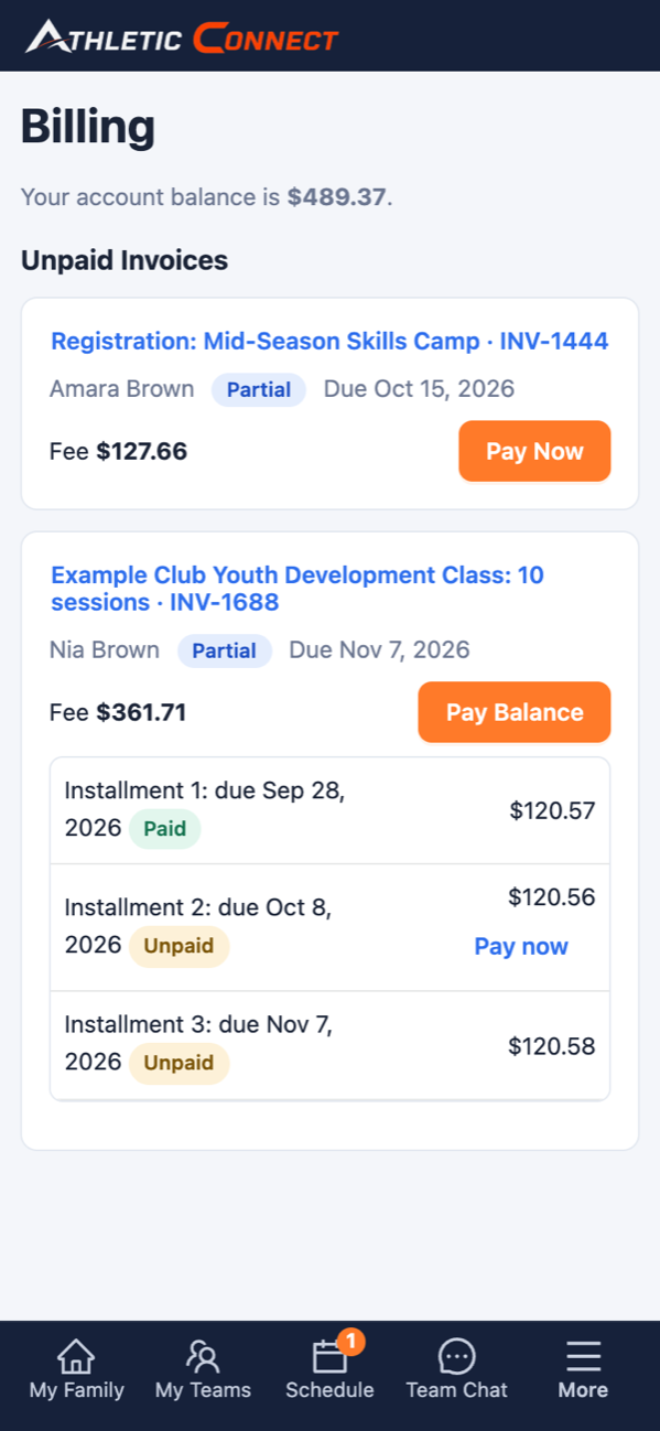 A family's unpaid invoices on a phone, with an installment plan and a Pay now button on each installment.
