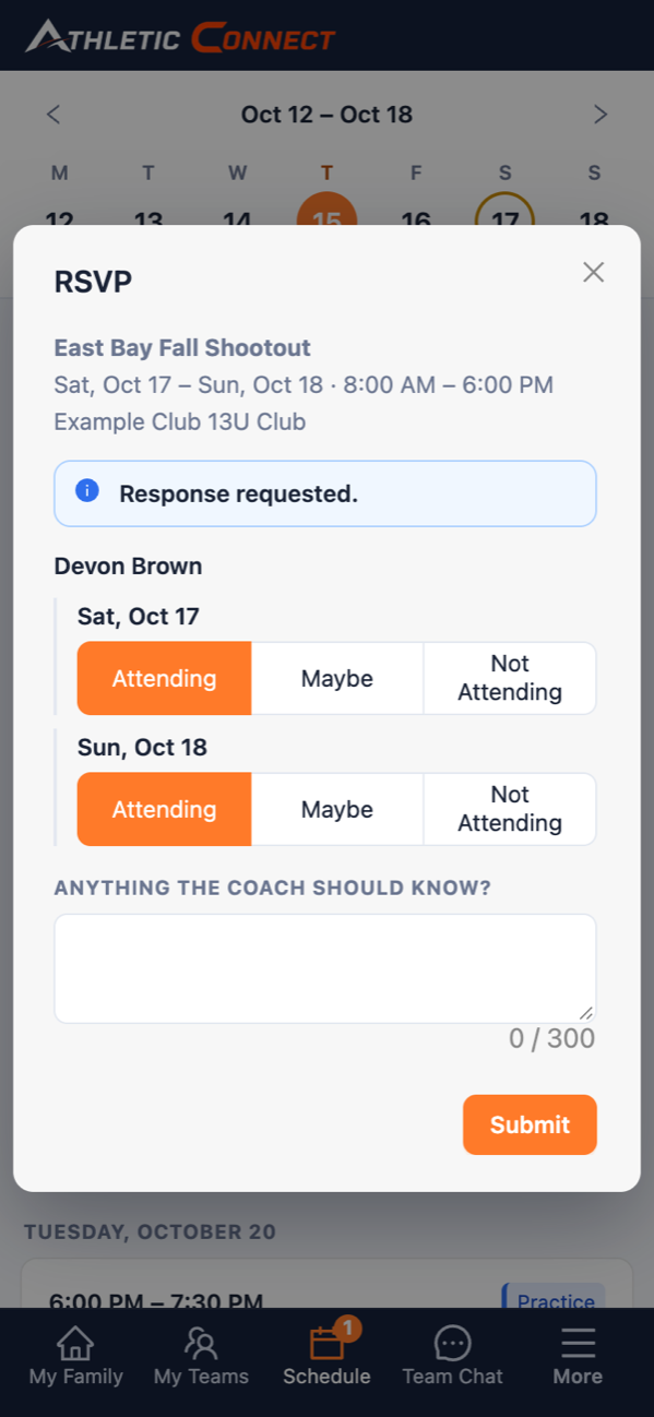 Answering an RSVP for a two-day tournament on a phone, one answer per day.