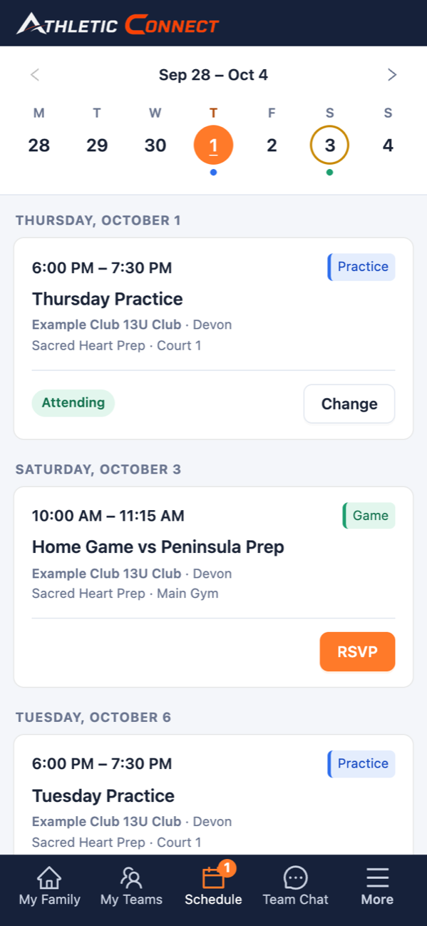 A family's week on a phone: a practice they're attending and a game waiting for an RSVP.