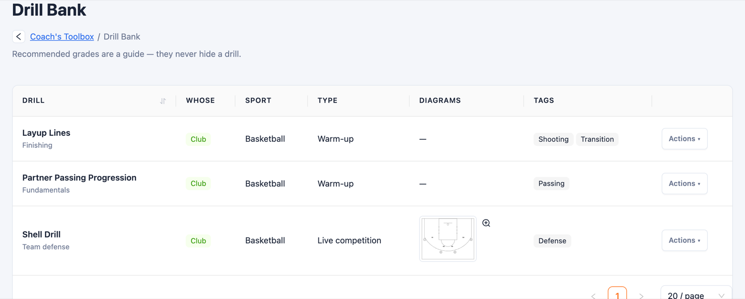 The Athletic Connect drill bank, listing club drills with type, tags and court diagrams.